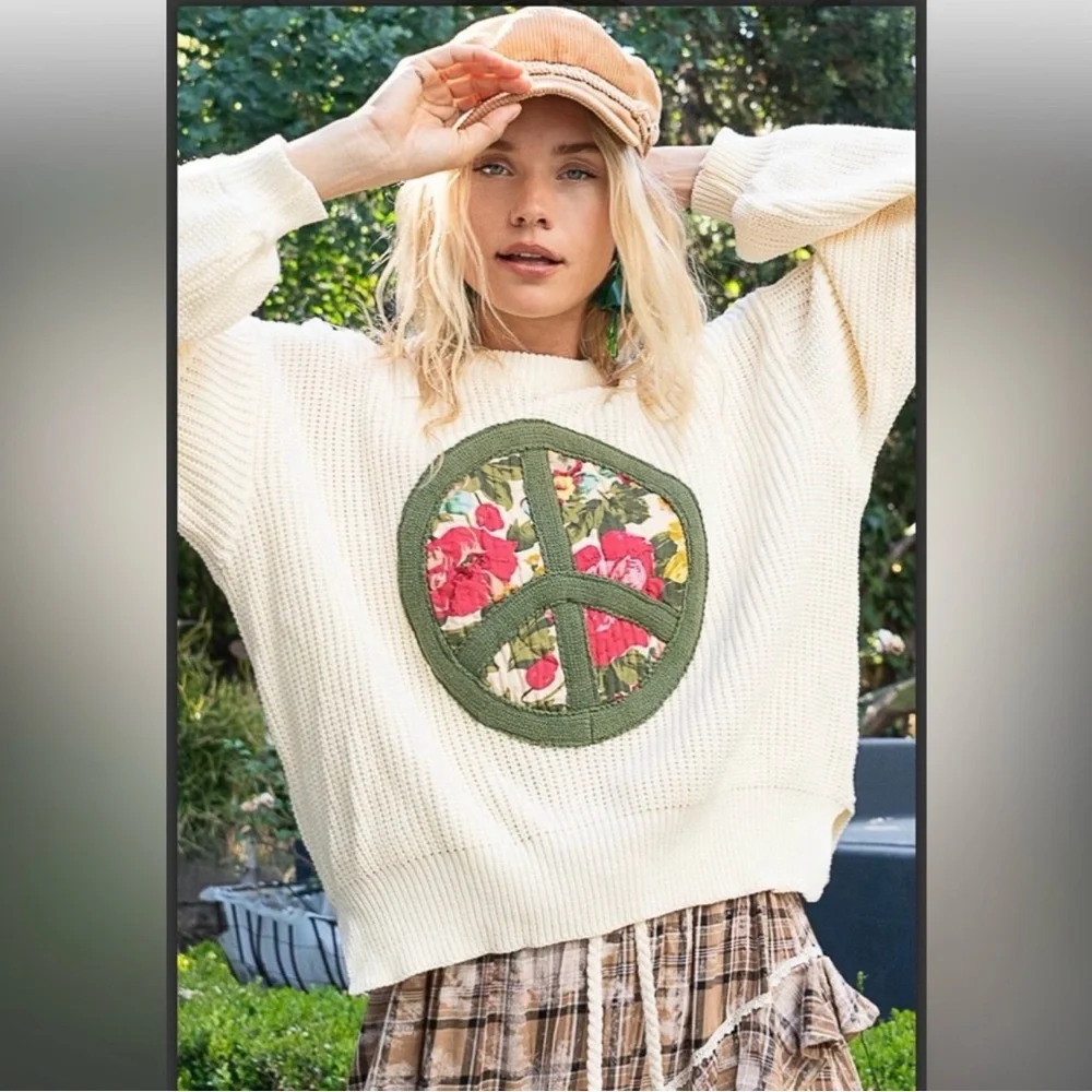 POL Cream Sweater with Green Peace Sign - Picture 2 of 8